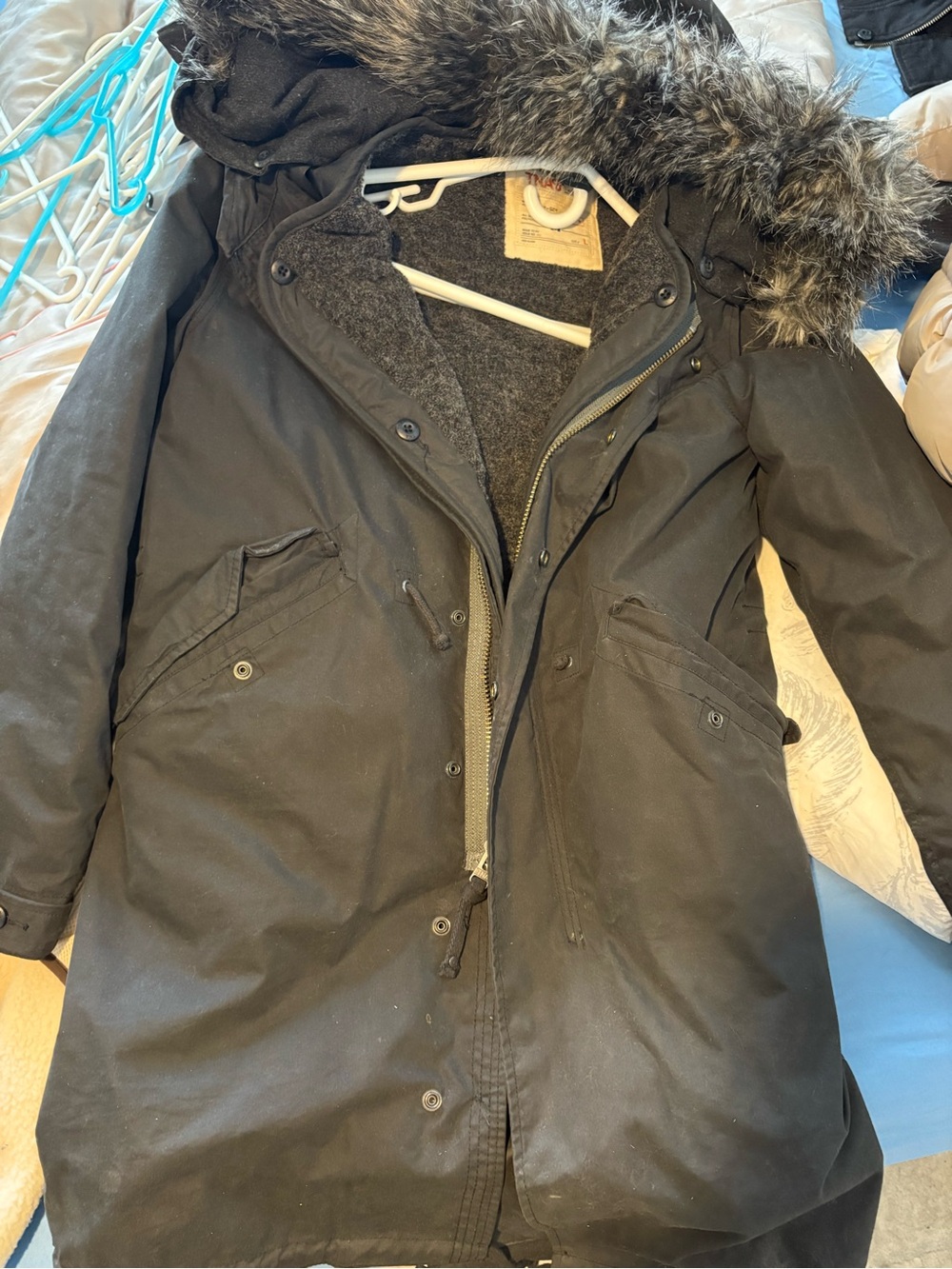 Aritzia Black Military-Style Parka with Faux Fur Hood